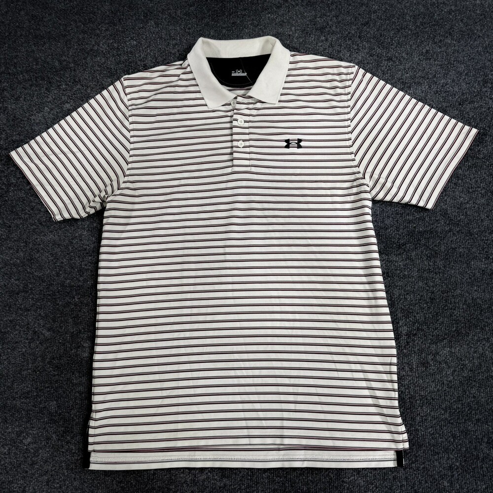 Under Armour Mens Golf Polo Size Medium White Maroon Gray Striped Performance